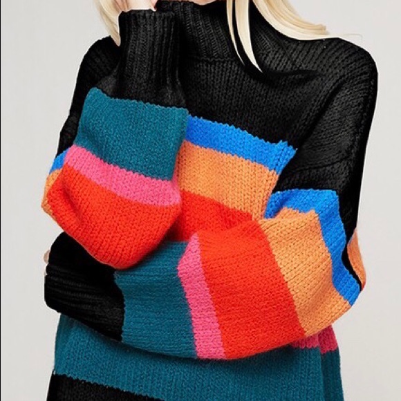 Mock Neck Black Rainbow Striped Oversized Sweater - Picture 4 of 4